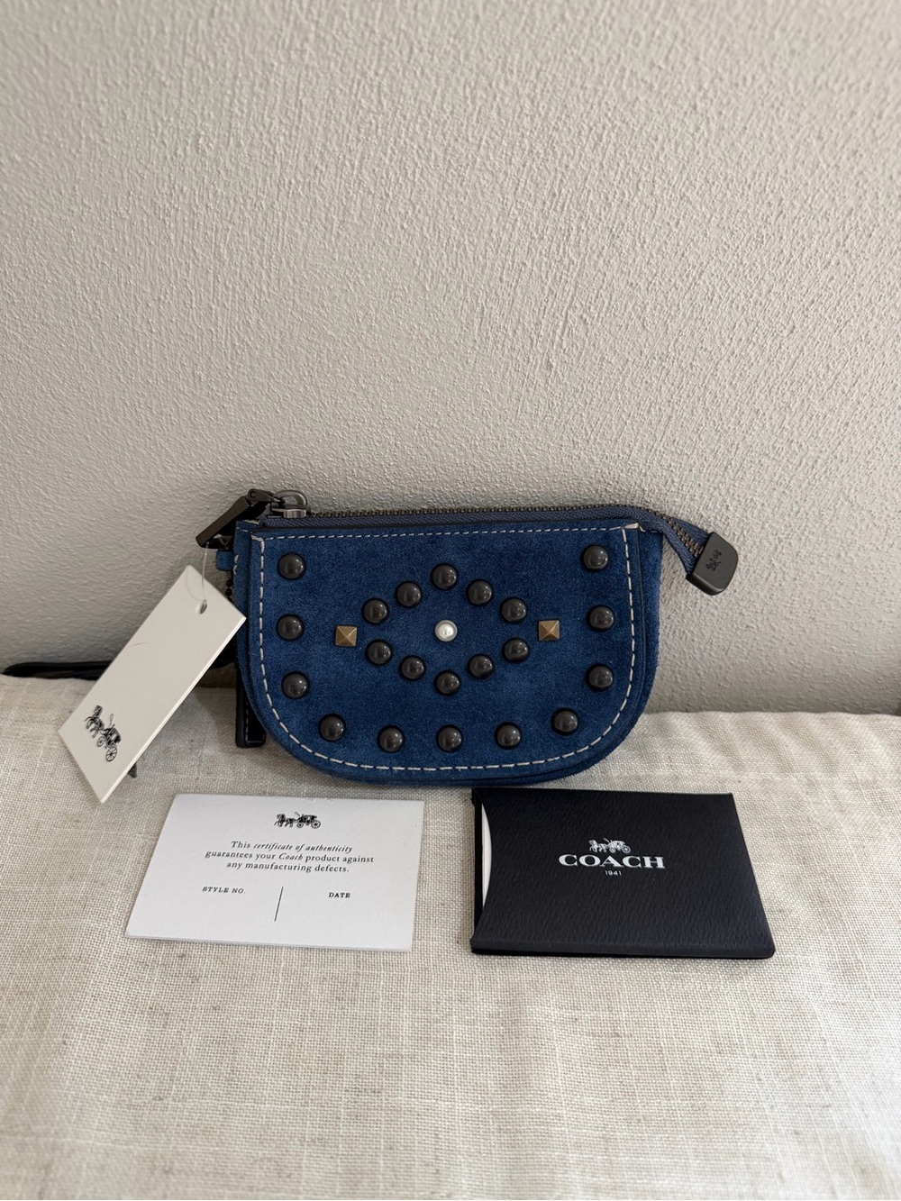 Coach Western Rivets Blue Suede Studded Wristlet Coin Pouch NWT